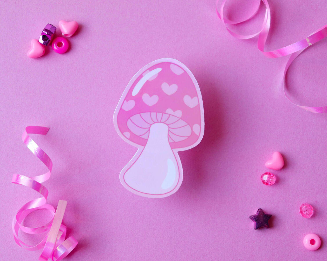 pink heart mushroom sticker